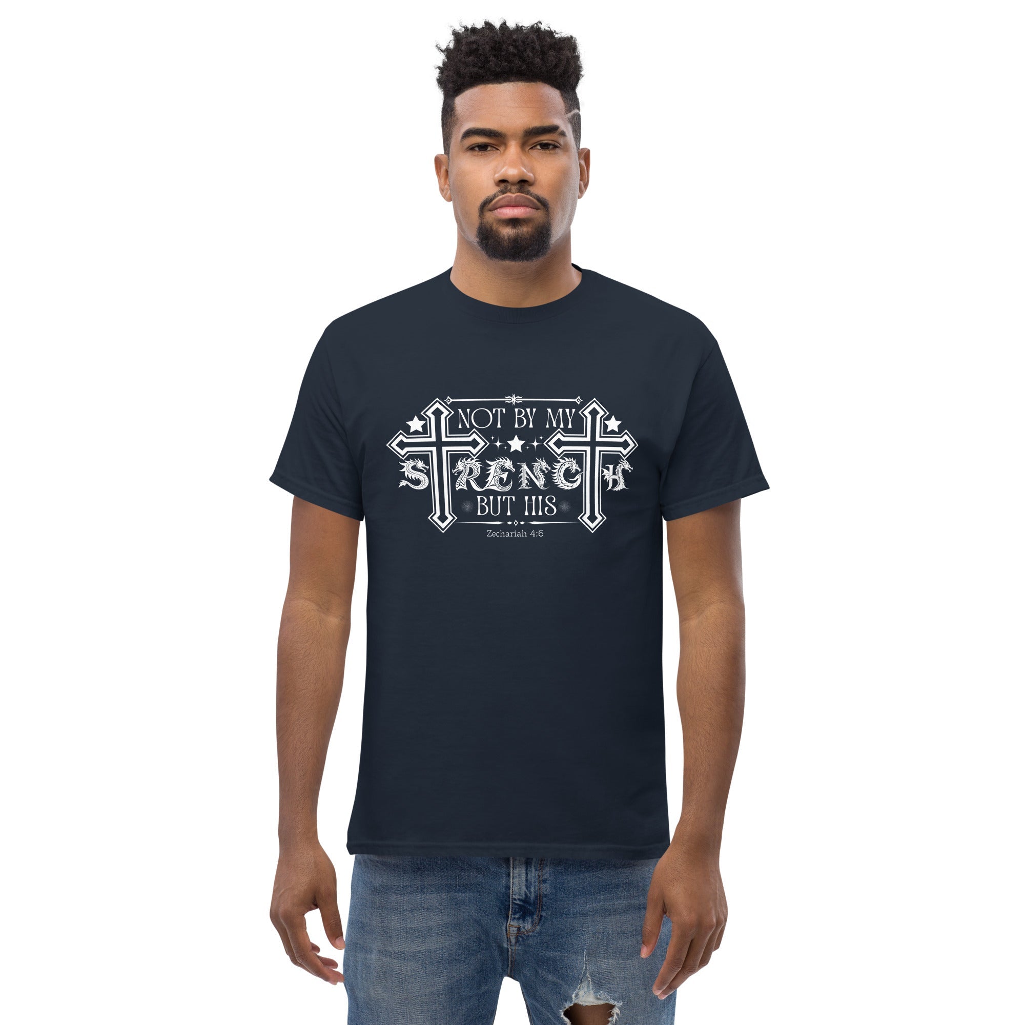 Short-Sleeve Unisex Classic T-Shirt (Not by my Strength but His) - Navy / S - T-SHIRT