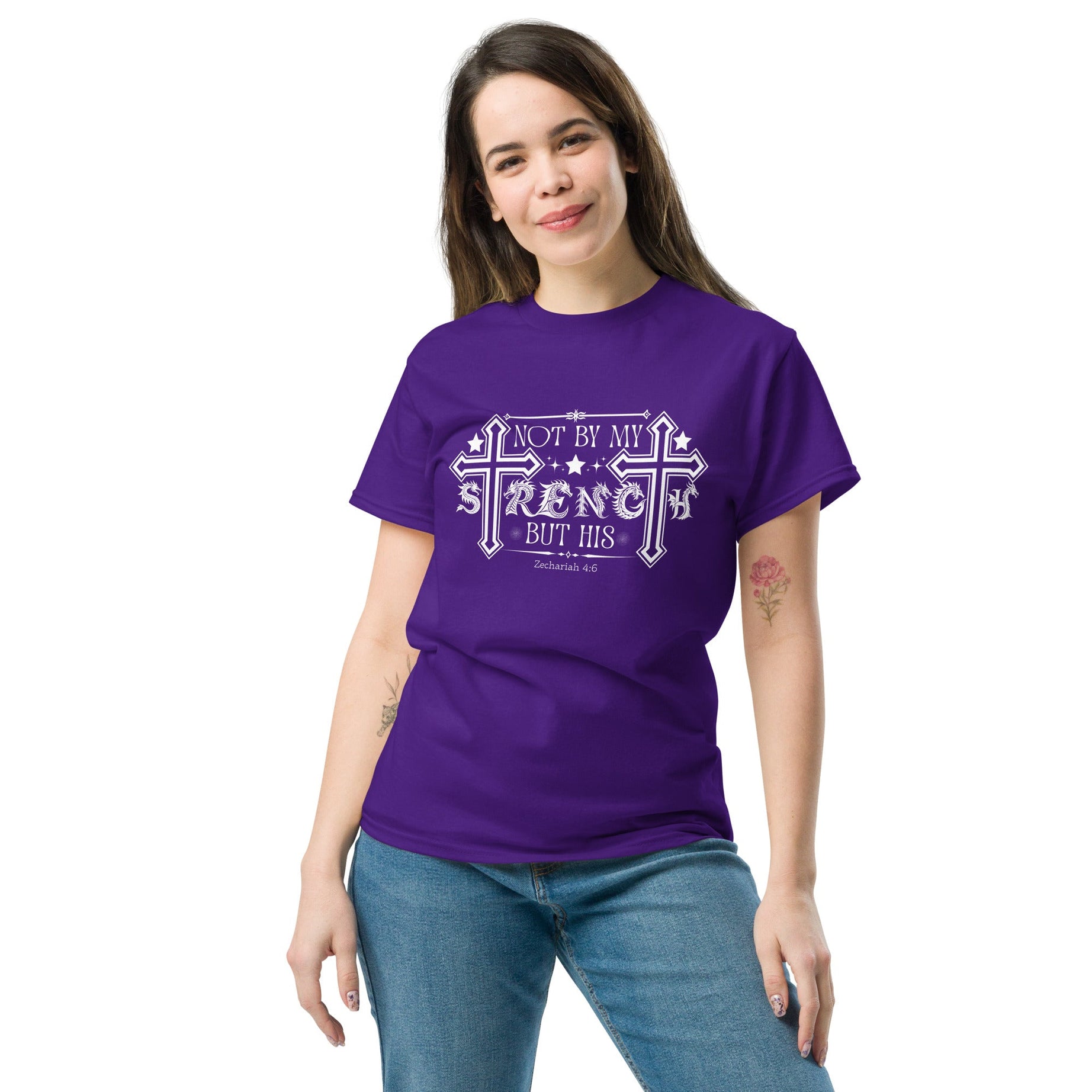 Short-Sleeve Unisex Classic T-Shirt (Not by my Strength but His) - Purple / S - T-SHIRT