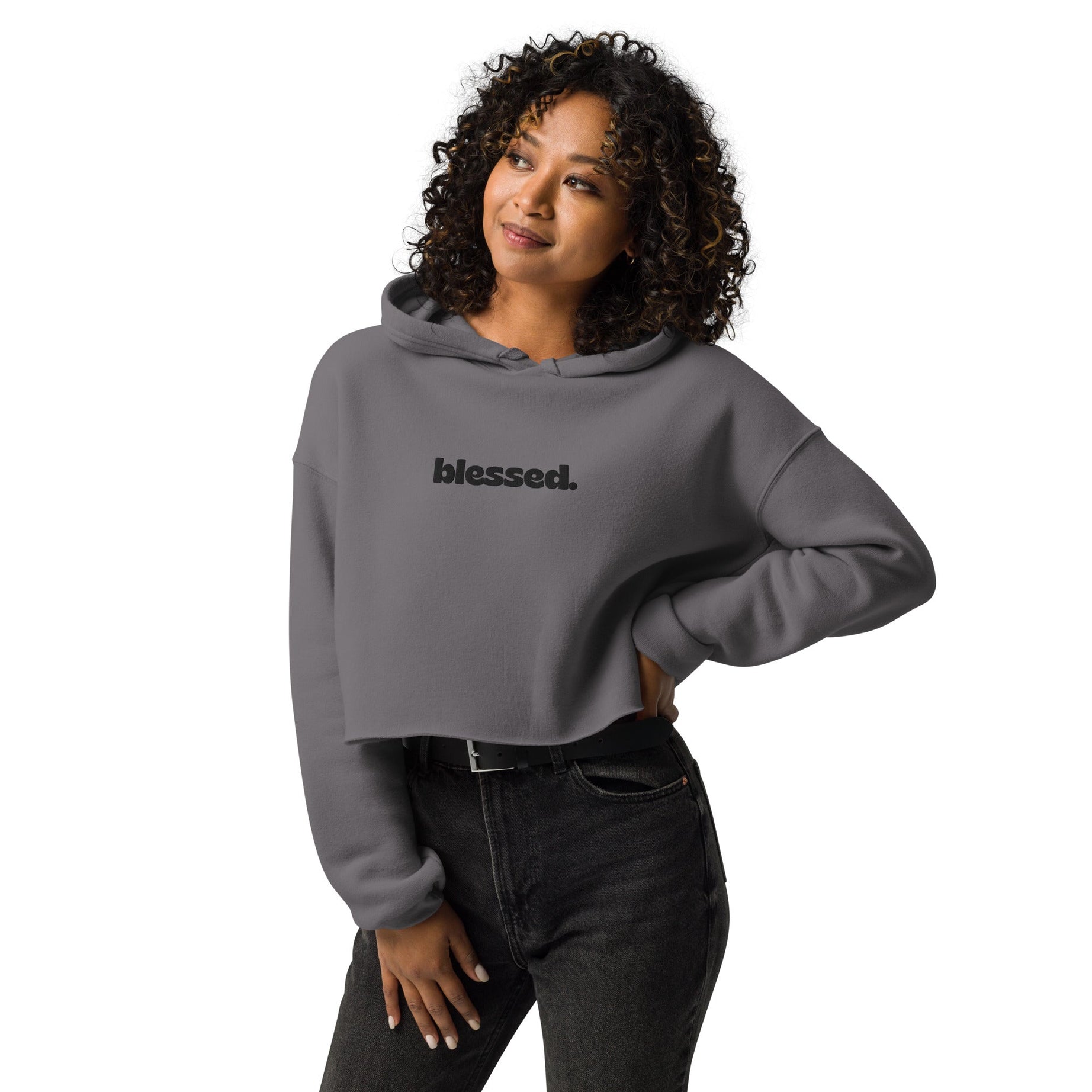 Women’s Embroidered Cropped Top Hoodie - Gray XL (Blessed) - Storm - Hoodies